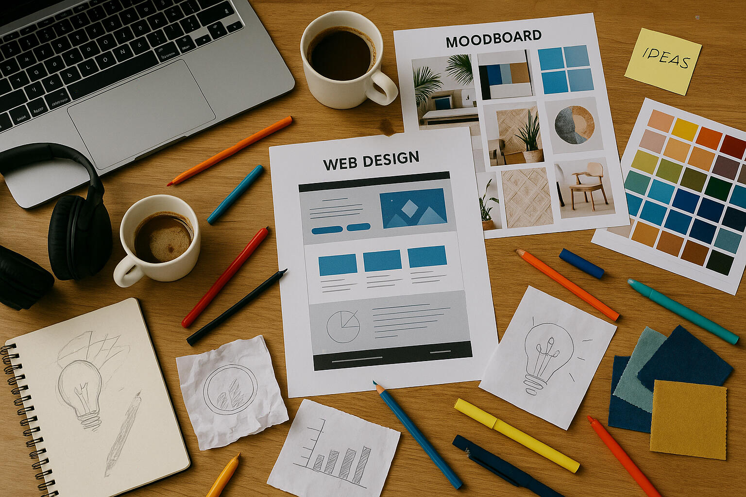 Blick von oben auf einen kreativen Arbeitsplatz mit Laptop, Skizzen, Moodboards, Farbfächern, Stoffmustern, Markern und Kaffeetassen. Die Szene wirkt lebendig und zeigt den Designprozess einer Kreativagentur.